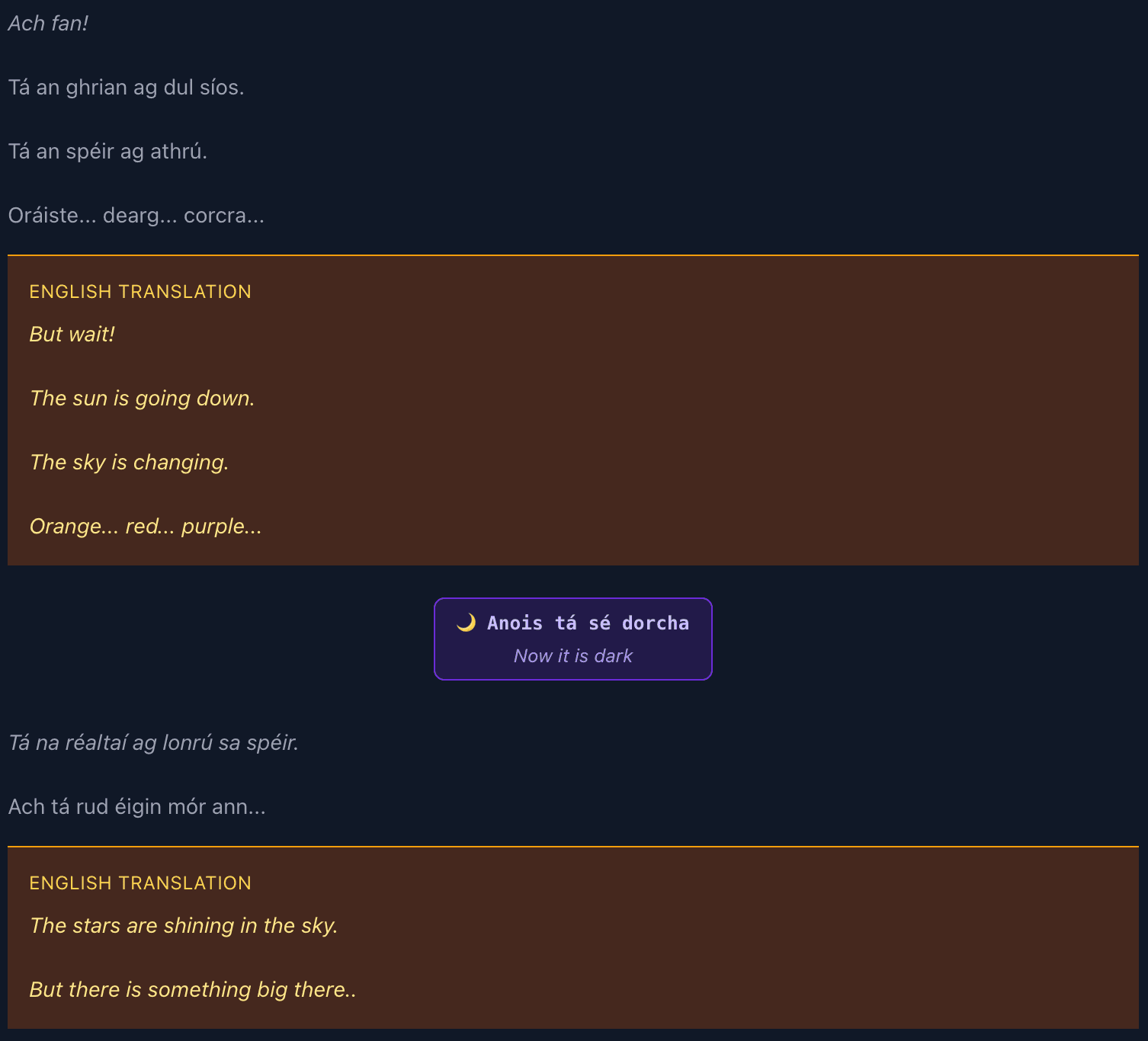 Example of a dark mode special effect in the Love.irish story teller system