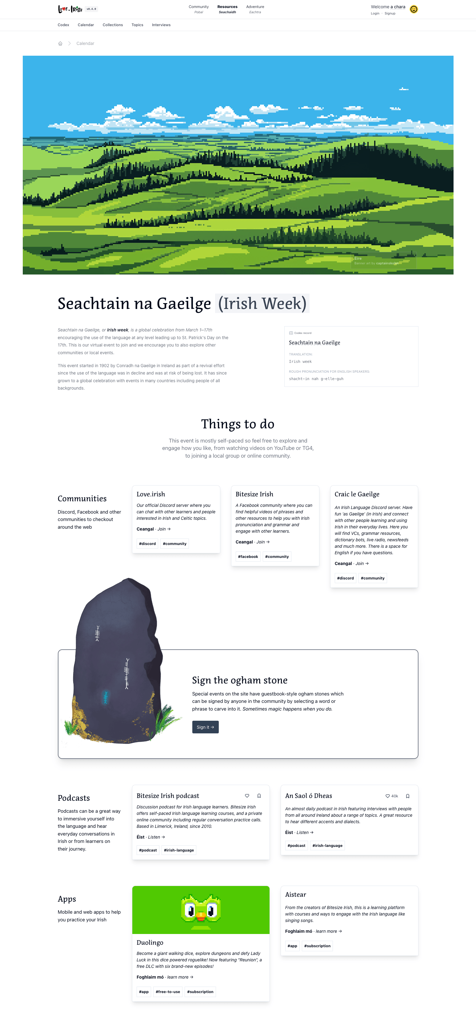 Screenshot of an example calendar event page for 'Irish week'