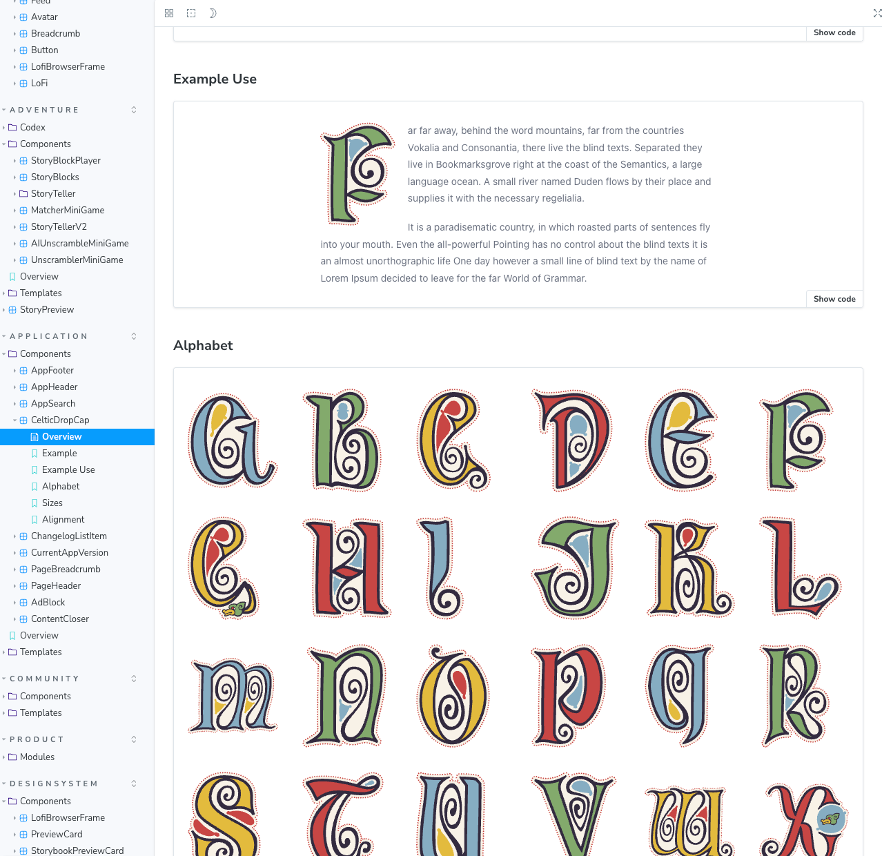 Screenshot of a page from the Love.irish design system for the Dropcap component