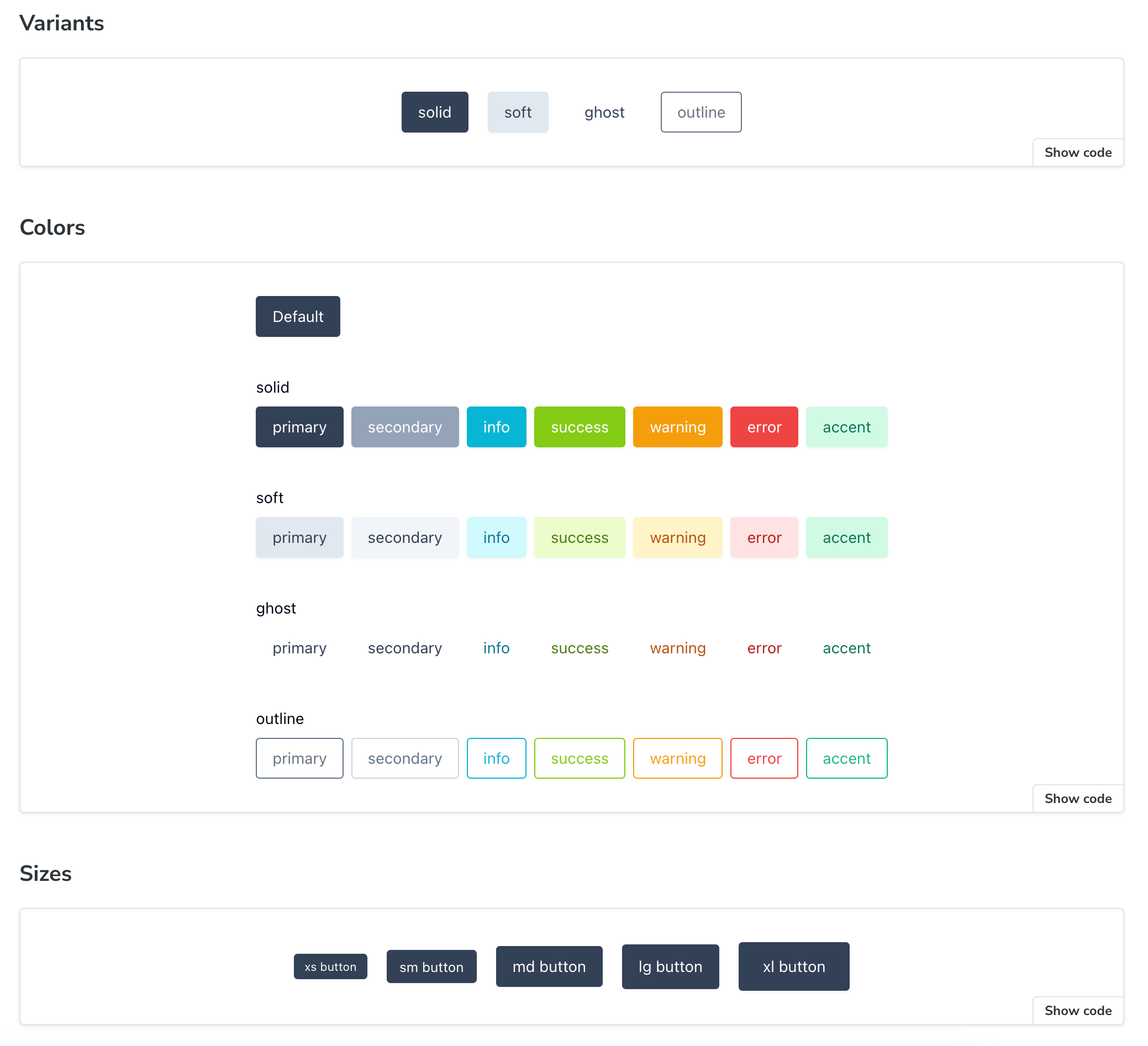 Screenshot of the Button component Storybook page