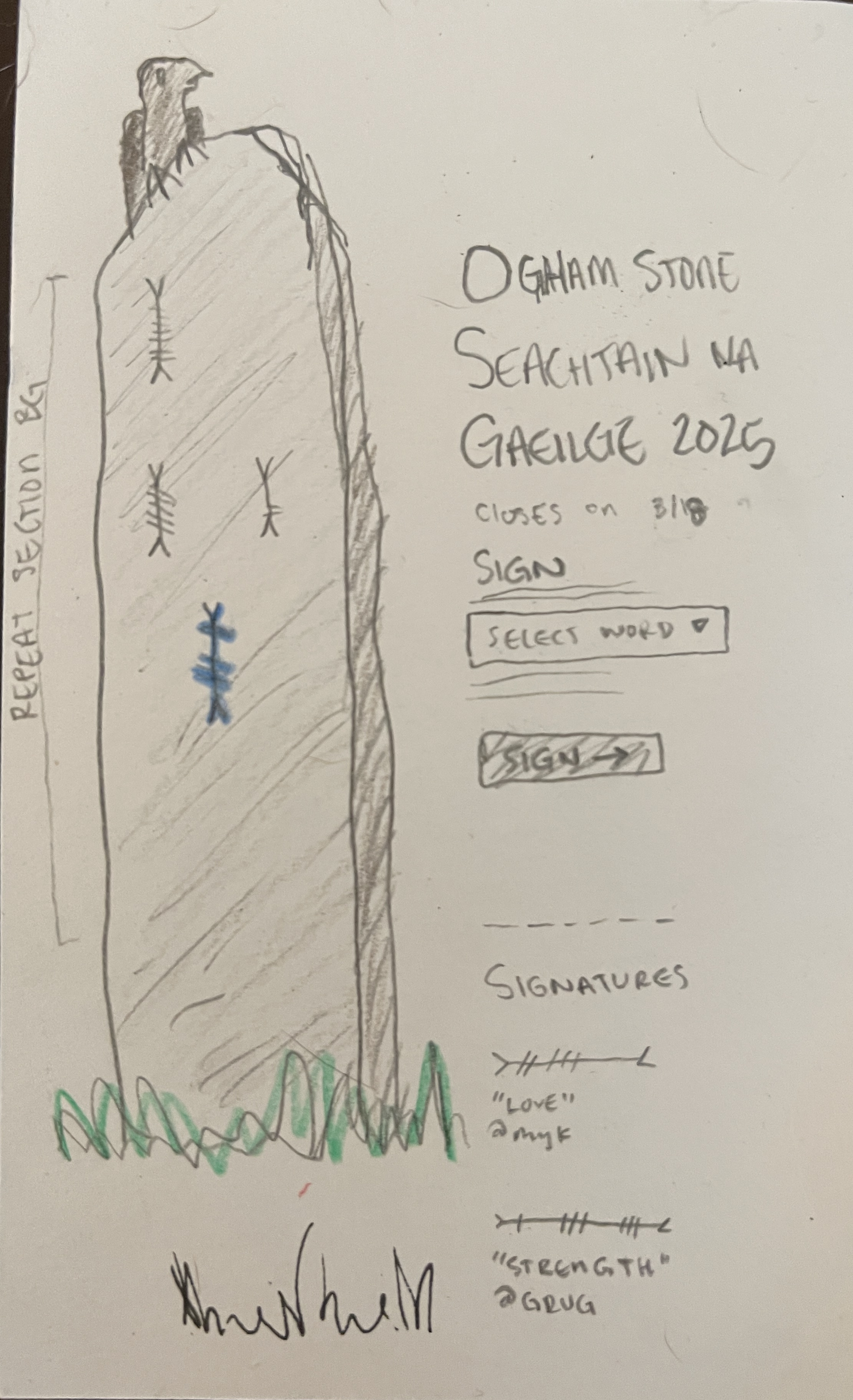 Sketch of ogham stone guestbook