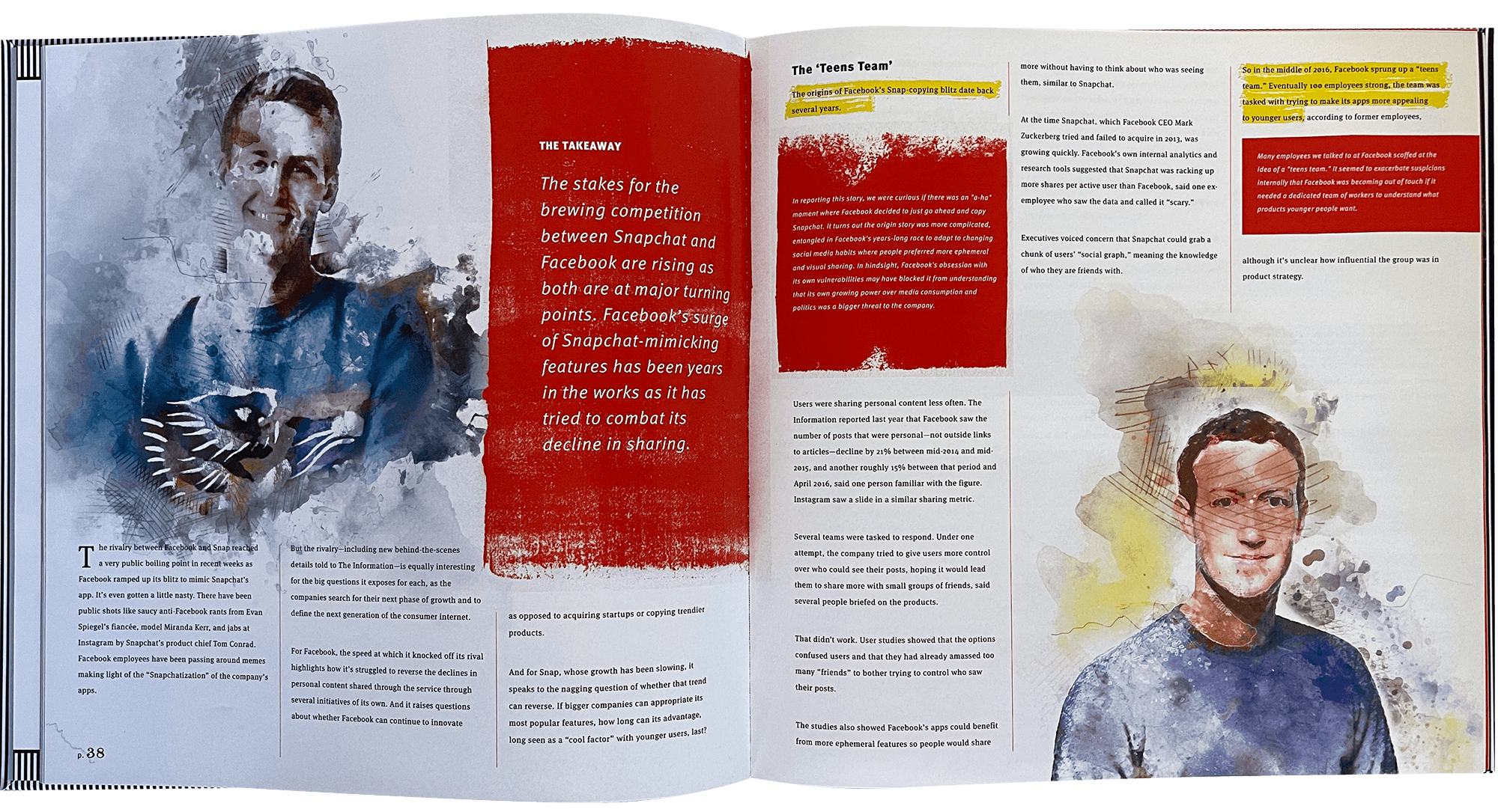 Example illustrations I made of the Snap and Facebook CEO in The Information's Year in Review 2017