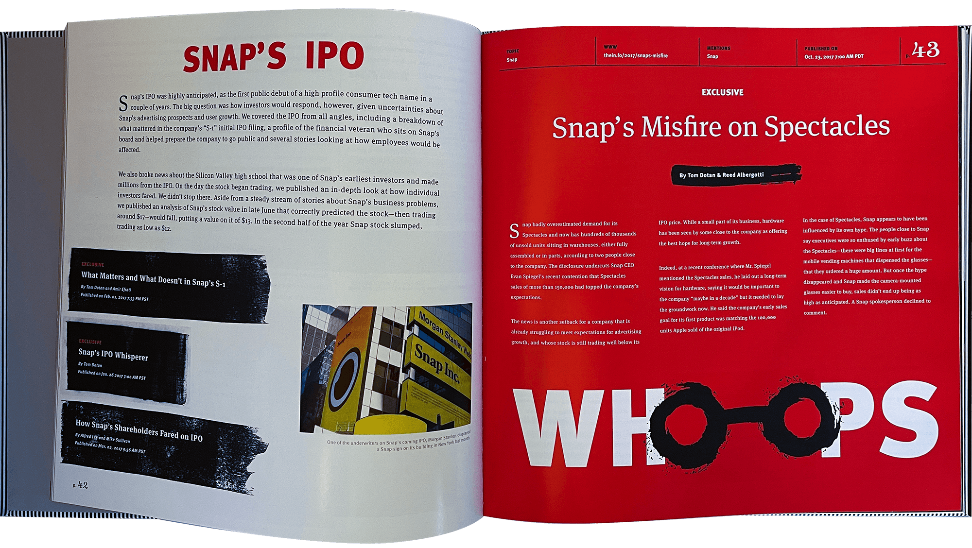Title page for 'Snaps Misfire on Spectacles' article in The Information's Year in Review 2017