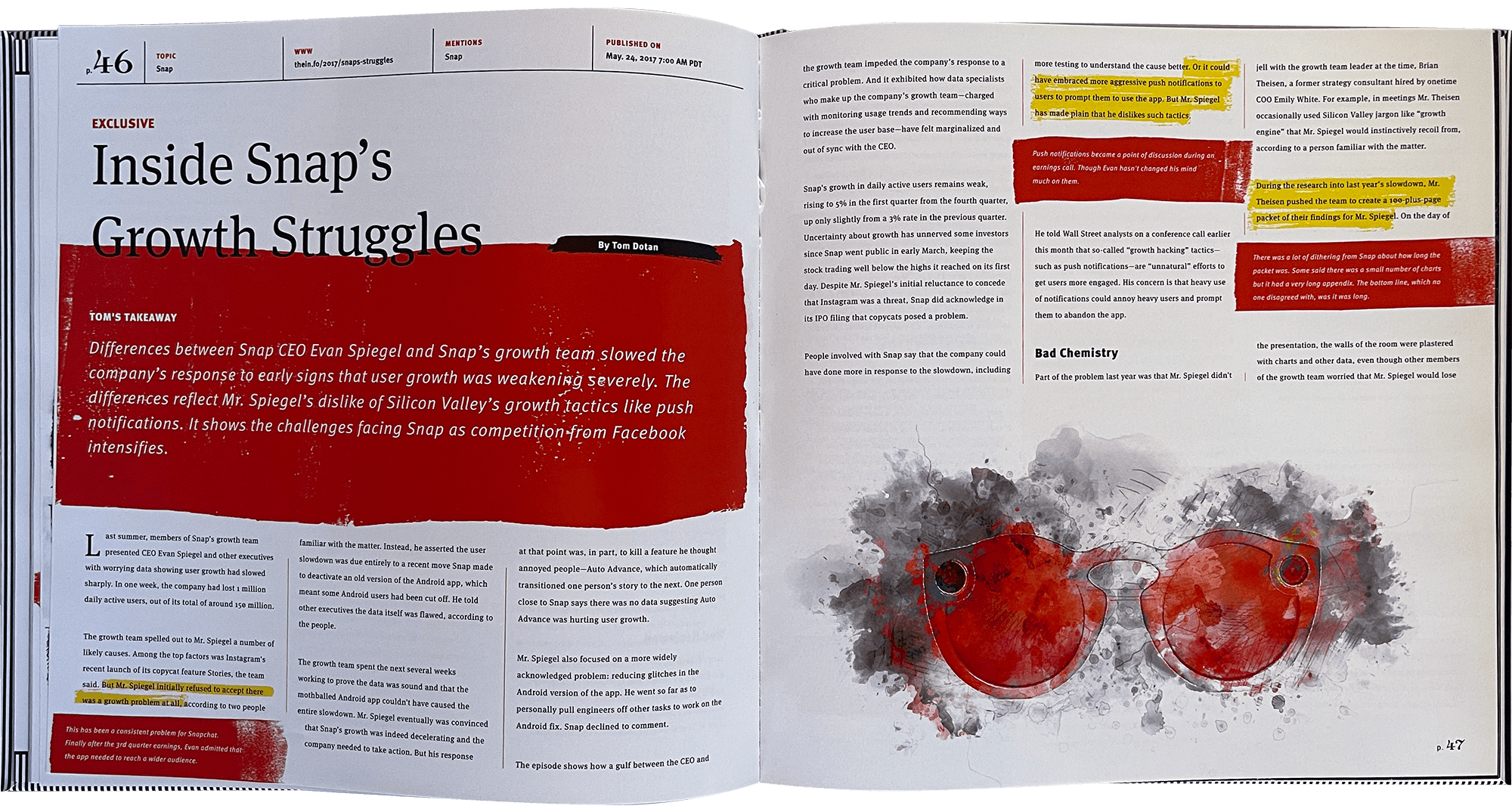 Title page for 'Inside Snaps Growth Struggles' article in The Information's Year in Review 2017