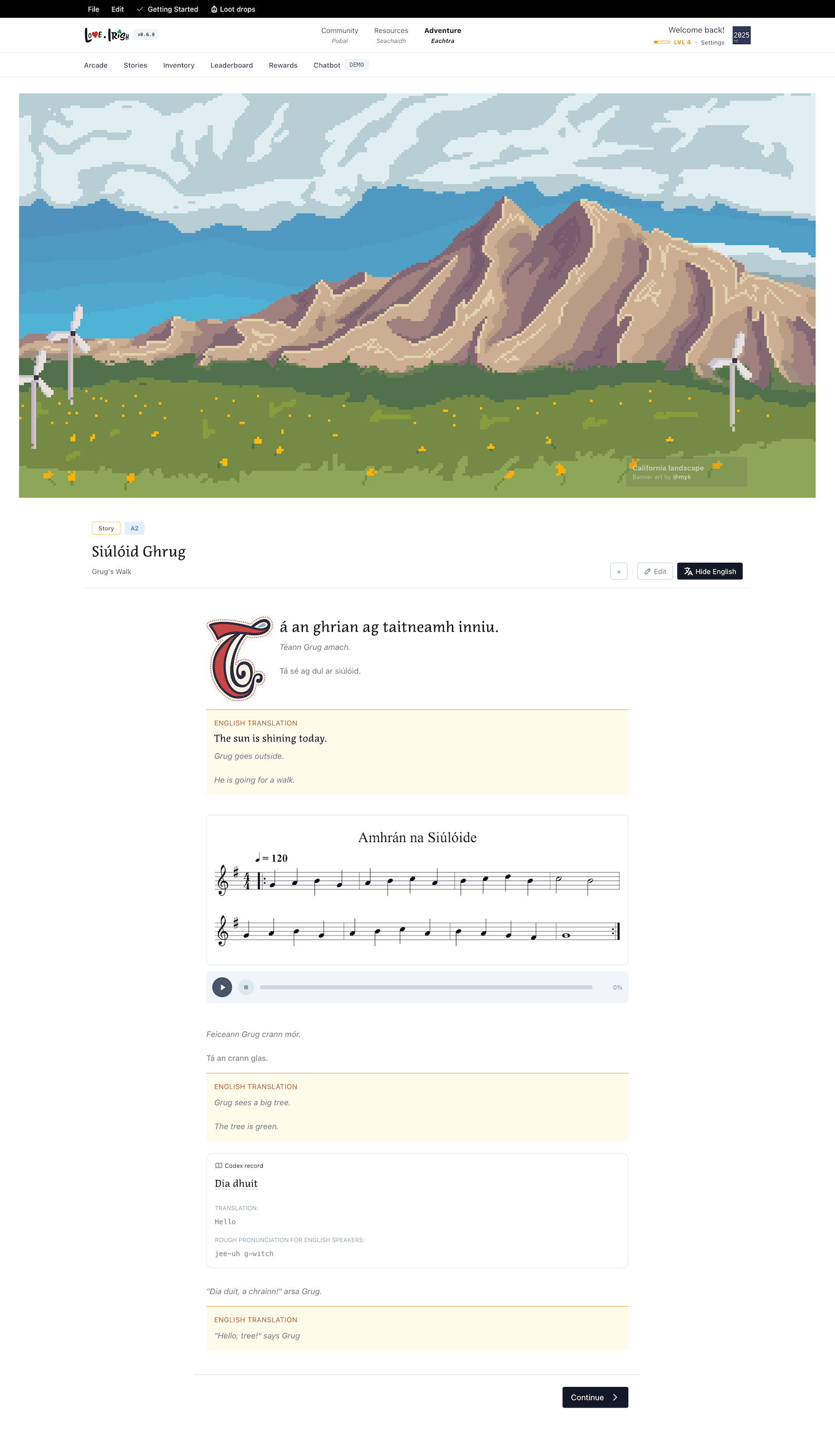 Interactive story reader showing Irish text with translation toggle