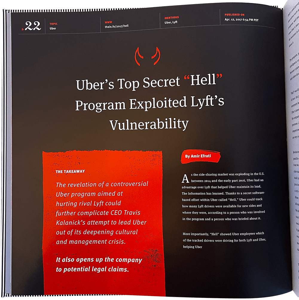 Title page for 'Uber's Top Secret Hell Program Exploited Lyft's Vulnerability' article in The Information's Year in Review 2017