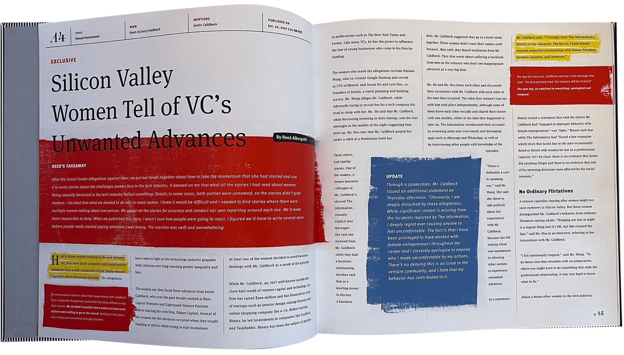 Title page for 'Silicon Valley Women Tell of VCs Unwanted Advances' article in The Information's Year in Review 2017